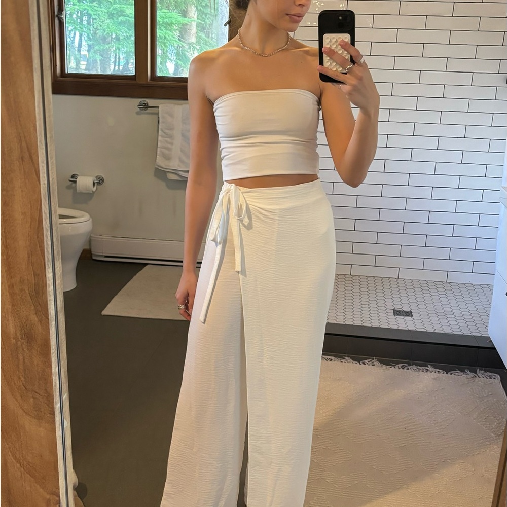Stylish Cream Tube Top and Wide-Leg Pants Set